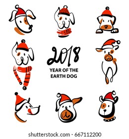 Element design for 2018 Year of brown earth dog. Freehand drawn sketch image of puppy face with red hat.