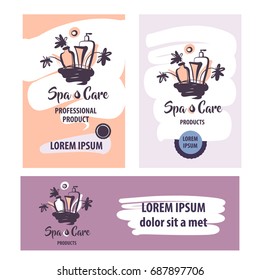 Element design banner, poster, corporate identity with logo for spa care product. Concept template logo with cream tube, flower, sun on white background for boutique, shop, store, market, beauty salon