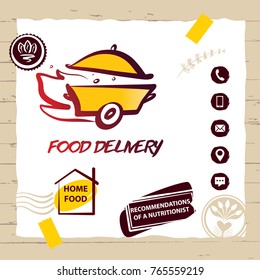Element design banner, poster, logo for cuisine service company. Home kitchen. Concept template for fast delivery. Silhouette of pan with cap. Sketch image fire, steam, wheel