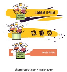 Element design banner, poster, logo for service company. Homemade cuisine for home, office. Concept template image for fast food delivery. Open box with recipe ingredient.