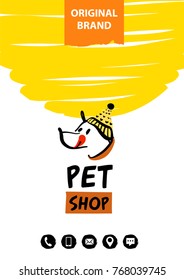 Element design banner, poster, logo, sign for animal store, market, boutique. Mascot. Image of the silhouette smiling face dog. Tect original brand.