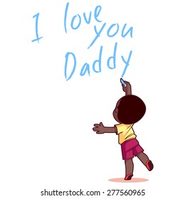 Element for design of cards on the father's day. Boy writing on the wall "I love you Daddy". Vector illustration on a white background.