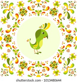 Element for design. Cartoon bird surrounded by a colorful pattern of flowers. Vector illustration
