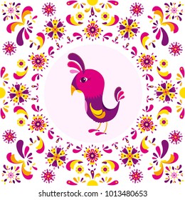 Element for design. Cartoon bird surrounded by a colorful pattern of flowers. Vector illustration