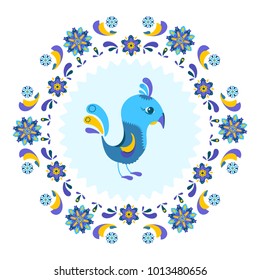 Element for design. Cartoon bird surrounded by a colorful pattern of flowers. Vector illustration