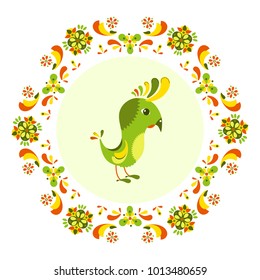 Element for design. Cartoon bird surrounded by a colorful pattern of flowers. Vector illustration