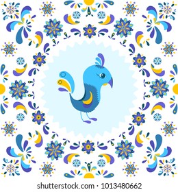 Element for design. Cartoon bird surrounded by a colorful pattern of flowers. Vector illustration