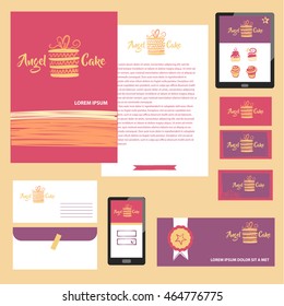 Element of design corporate identity, banner, business card, poster with freehand drawn vector cake logo for confectionery, sweet shop. Angel cake baking logo with heart. 