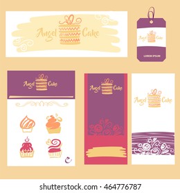 Element Of Design Corporate Identity, Banner, Business Card, Poster With Freehand Drawn Vector Cake Logo For Confectionery, Sweet Shop. Angel Cake Baking Logo With Heart. 