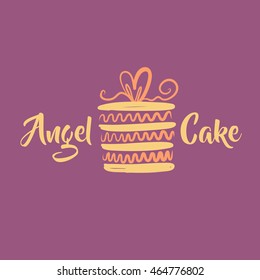 Element of design corporate identity, banner, business card, poster with freehand drawn vector cake logo for confectionery, sweet shop. Angel cake baking logo with heart. 