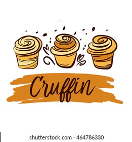 Element of design for corporate identity, banner, business card, poster with freehand drawn vector cruffin cake logo. Cruffin baking logotype on white background.