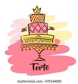 Element design for corporate identity, banner, business card, poster with freehand drawn vector cake sweet and torte logo. Piece of cake on white background. Desserts and sweet piece torte.