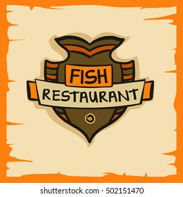 Element design of corporate identity, banner, poster, card with logo for premium quality restaurant and cafe. Illustration with vector image of fish for ecology sea food and product. 