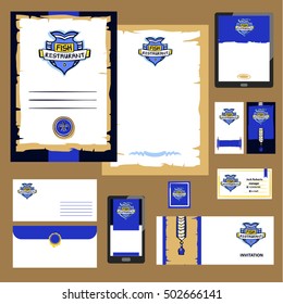 Element design for corporate identity, banner, poster, card with logo for premium quality restaurant and cafe. Illustration with vector image of fish for ecology sea food and product. 
