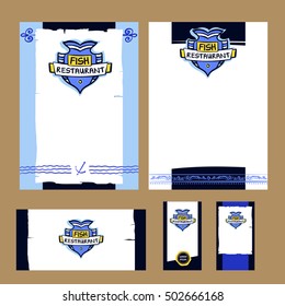 Element design for corporate identity, banner, poster, card with logo for premium quality restaurant and cafe. Illustration with vector image of fish for ecology sea food and product. 