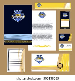 Element design of corporate identity, banner, poster, card with logo for premium quality restaurant and cafe. Illustration with vector image of fish for ecology sea food and product. 