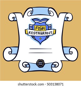 Element design of corporate identity, banner, poster, card with logo for premium quality restaurant and cafe. Illustration with vector image of fish for ecology sea food and product. 