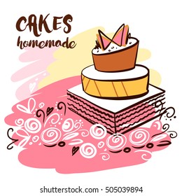 Element design for corporate identity, banner, business card with free hand drawn vector homemade cake sweets logo. Piece of cake isolated on white background. Desserts and sweet piece made at home.