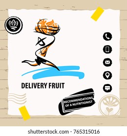 Element design corporate identity, logo transportation logistic service company. Silhouette running fast man courier holding fruit. Template concept image. Person delivery.