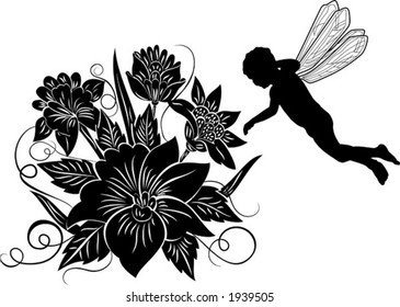 Element for design, flower, silhouette elf, vector illustration