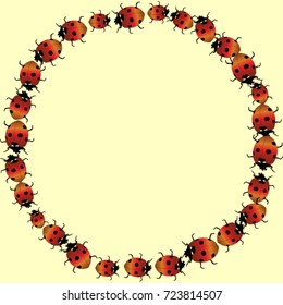Element of design. Frame made of ladybugs. Ladybugs on a yellow background