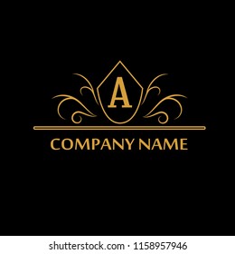 Element of the design of the golden monogram. Letter A. Can be used for coat of arms, for restaurant, royalty, boutique, cafe, hotel, heraldry, jewelry, fashion, wine. Vector illustration