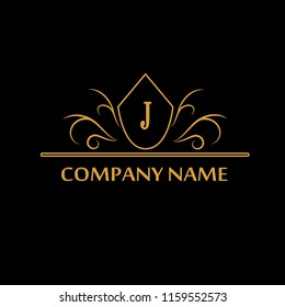 Element of the design of the golden monogram. Letter J. Can be used for coat of arms, for restaurant, royalty, boutique, cafe, hotel, heraldry, jewelry, fashion, wine. Vector illustration