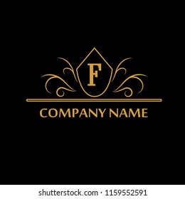 Element of the design of the golden monogram. Letter F. Can be used for coat of arms, for restaurant, royalty, boutique, cafe, hotel, heraldry, jewelry, fashion, wine. Vector illustration