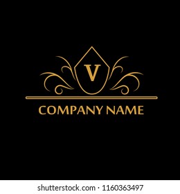 Element of the design of the golden monogram. Letter V. Can be used for coat of arms, for restaurant, royalty, boutique, cafe, hotel, heraldry, jewelry, fashion, wine. Vector illustration