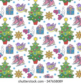 element for design, illustration of children, vector, seamless ornament, Christmas decorations, star, gift, mittens, bird, skating, tree