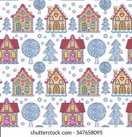 element for design, illustration of children, vector illustration seamless ornament, Christmas decorations, star, tree, house, winter, tree, landscape, village