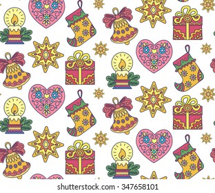 
element for design, illustration of children, vector illustration seamless ornament, Christmas decorations, star, gift, candle, bell