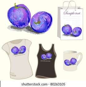 Element for design. Illustration  plums, bag, cup, women's t-shirt.