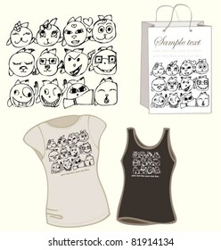 Element for design. Illustration  smils,face, bag, women's t-shirt.Illustration of children's drawings.