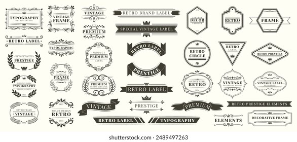 Element design. Logo retro collection, elegant text, decoration ornament graphic. Label, geometric frame, ribbon flourish, swirl luxury, crown antique. Elegant filigree form. Vector garish calligraphy