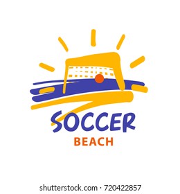  Element design poster, banner, card, logo template for beach football club, team and soccer school, hobby. Game with goal on outdoor on beach. Text soccer beach. Sketch vector illustration.