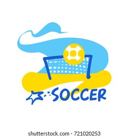  Element design poster, banner, card, logo template for beach football club, team and soccer school, hobby. Game with goal on outdoor on beach. Text soccer beach. Sketch vector illustration.