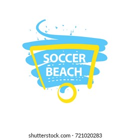  Element design poster, banner, card, logo template for beach football club, team and soccer school, hobby. Game with goal on outdoor on beach. Text soccer beach. Sketch vector illustration.