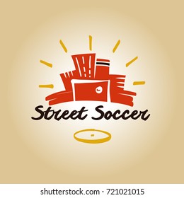 Element design poster, banner, card, logo template for football club, team and soccer school, hobby. Game with goal in outdoor city competition. Text soccer street. Sketch vector illustration.