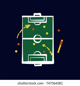Element design poster, banner, card, logo, certificate template for football, soccer school, hobby. Sketch vector illustration of sport field and ball.