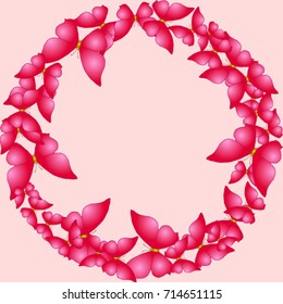 Element of design. Round frame of butterflies Red butterflies on a pink background 