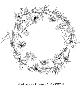 Element for design, round pattern with space for text with monochrome wild flowers and herbs