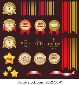 Element design Set of golden vector Commercial Labels and Ribbon templates. This vector file is organized in layers to separate Graphic elements from Text, Ribbon, Star, Shadows and background.