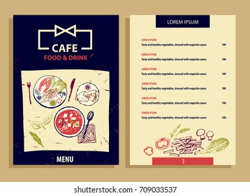 Element of design template corporate identity, banner, poster, flyer and logo for bistro, cafe and restaurant. Menu with ecology organic food. Catering, delivery service. Sketch vector illustration.