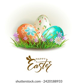 Element for design with three Easter eggs and grass with flowers