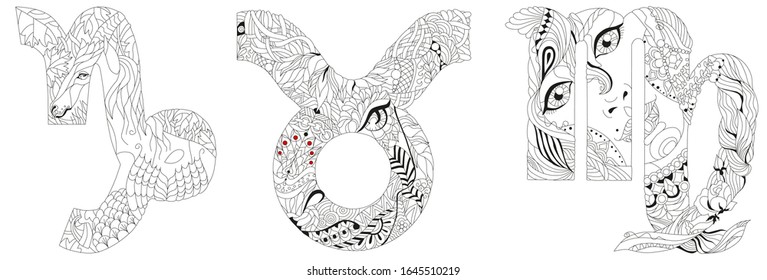 The element of Earth is the zodiac sign Capricorn, Virgo and Taurus. Vector zentangle object for coloring