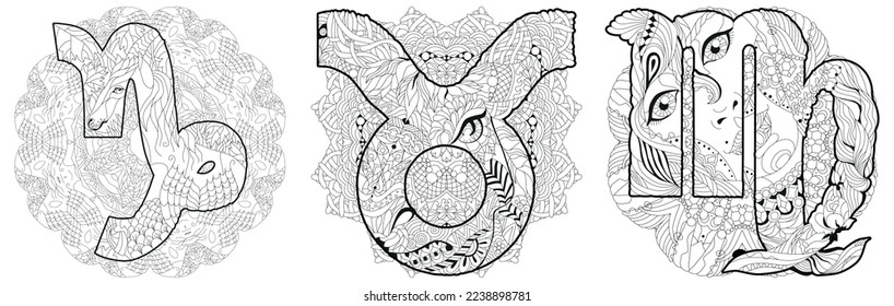 The element of Earth is the zodiac sign Capricorn, Virgo and Taurus with mandalas for coloring.