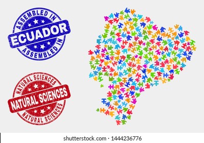 Element Ecuador map and blue Assembled seal stamp, and Natural Sciences distress stamp. Bright vector Ecuador map mosaic of puzzle parts. Red round Natural Sciences stamp.