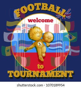 Element for the emblem or poster for the championship on football. Gold figure football player with a ball, flags of countries and an inscription. Vector image on a blue background.
