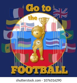 Element for the emblem or poster for the championship on football. Gold figure football player with a ball and a cup, flags of countries and an inscription. Vector image on a blue background.